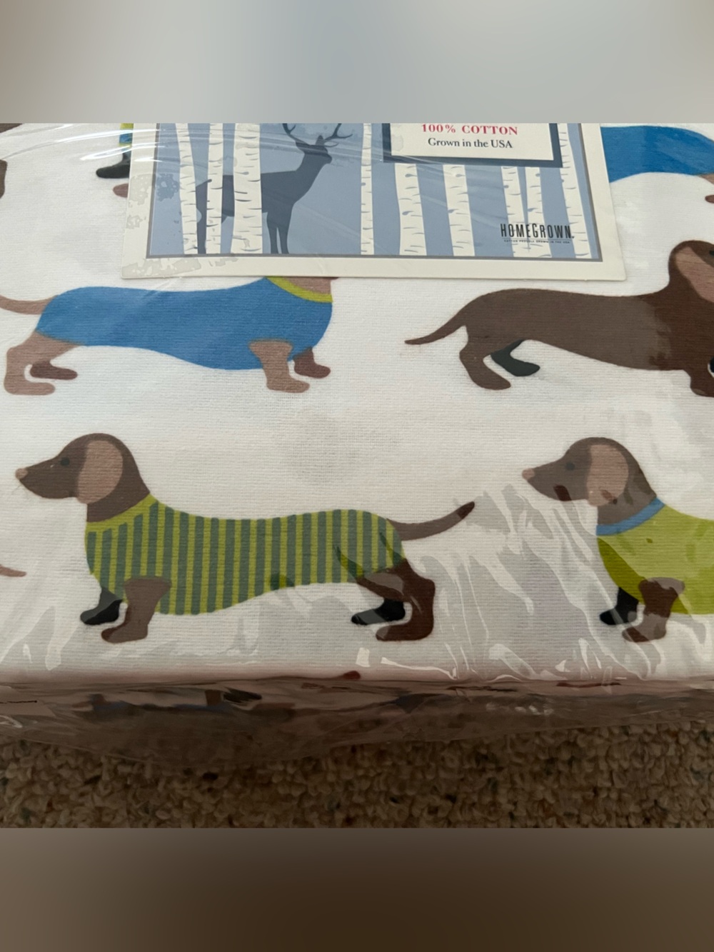 Dachshund Print Twin Flannel Sheet Set - White with Brown, Blue, Green - Picture 2 of 5